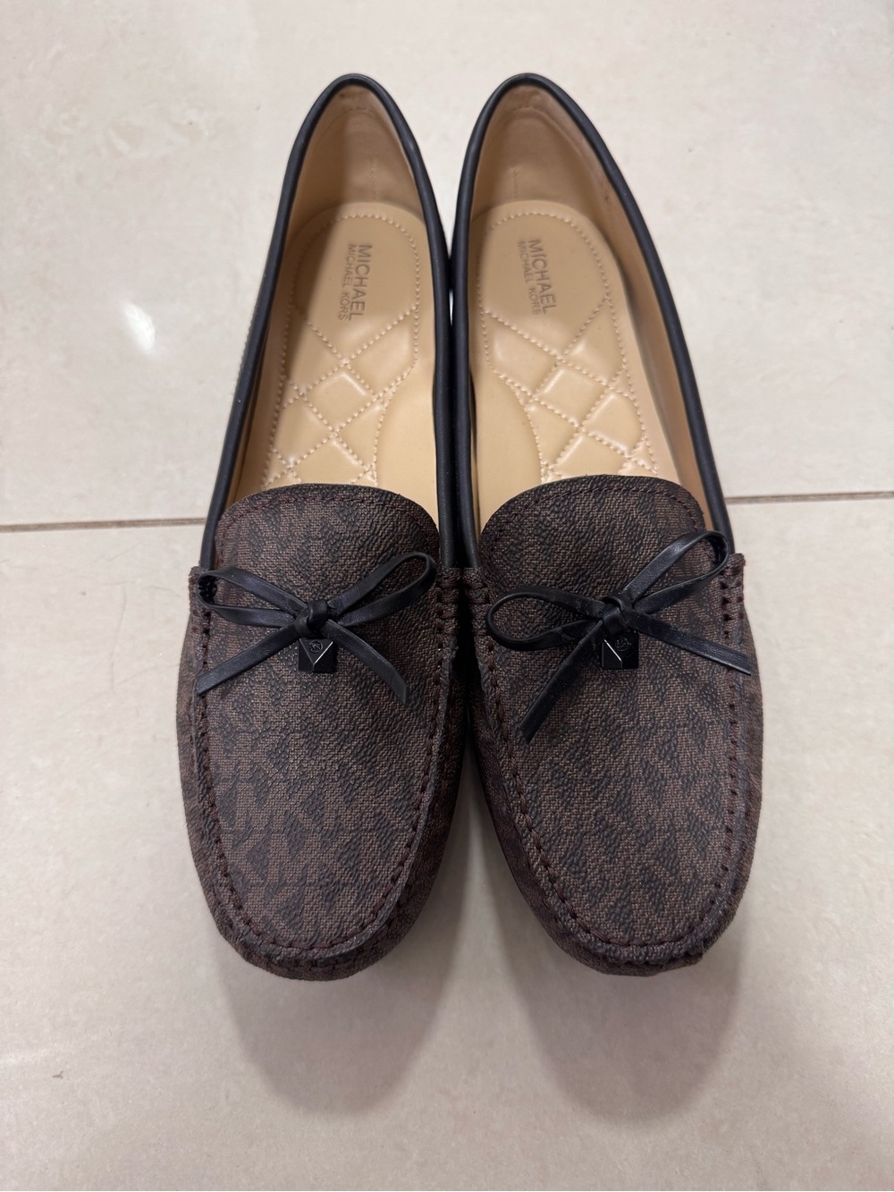 Michael Kors Brown Logo Slip-On Loafers with Black Bow Trim